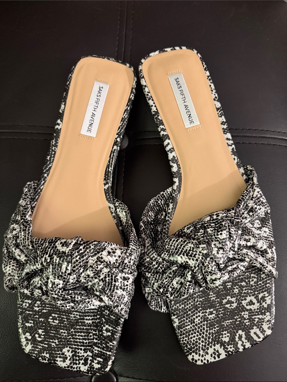 Saks Fifth Avenue Black & White Knot-Front Slide Mules